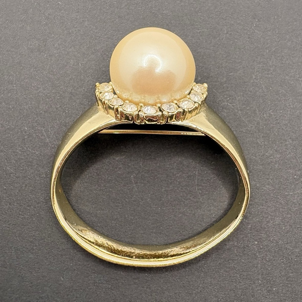 Vintage AJC Ring Brooch Clear Rhinestones Faux Pearl Gold Tone